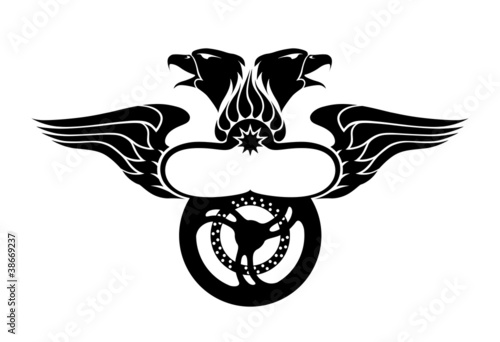 Emblem with Wings, Eagles Heads & Motorbike Wheel