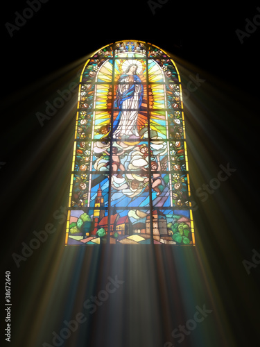 Biblical stained glass with rays of light shining through