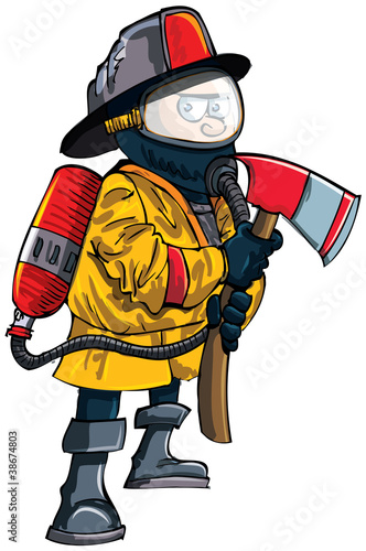 Cartoon fireman in a mask with an axe