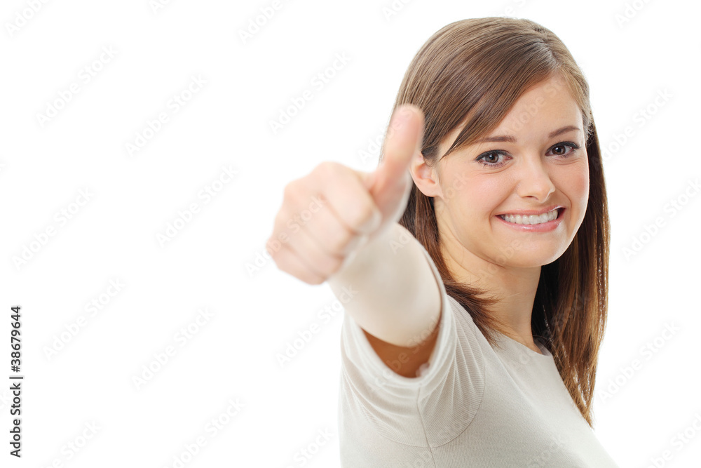 Beautiful smiling young woman. Isolated over white background