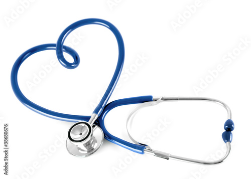 blue stethoscope in shape of heart, isolated on white photo