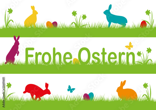 Frohe Ostern - Landschafts- und Tier-Silhouette - bunt photo