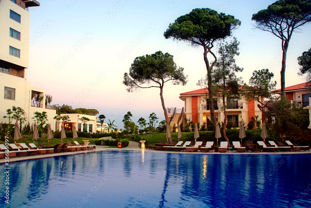 pool and luxury hotel (Turkey) in twilight.