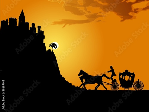 Silhouette of a horse-drawn carriage and a medieval castle.