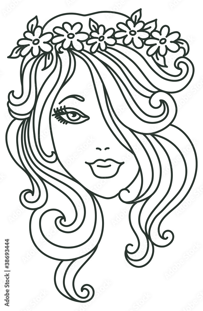 Beautiful woman with flower, linear illustration Beautiful woman with flower, linear illustration