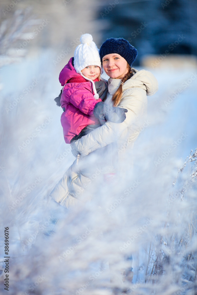 Mother and daughter outdoors at winter