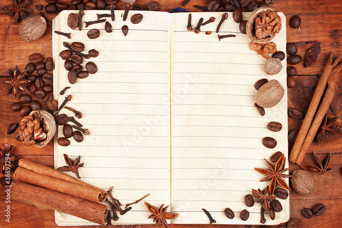 old paper for recipes and spices on wooden table