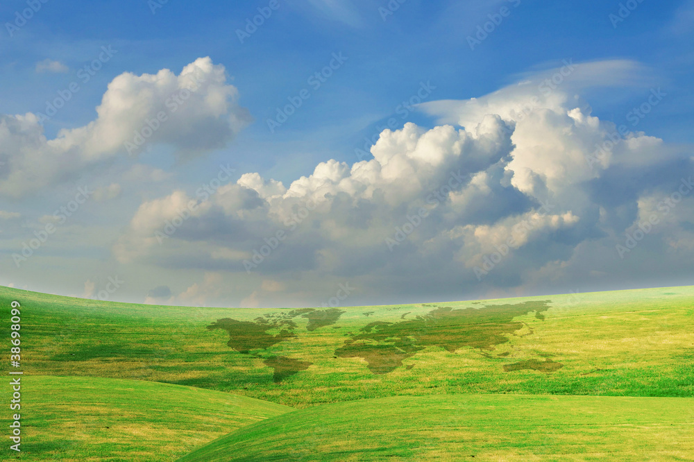 Fototapeta premium Beautiful Blue Sky With Green Grass Field