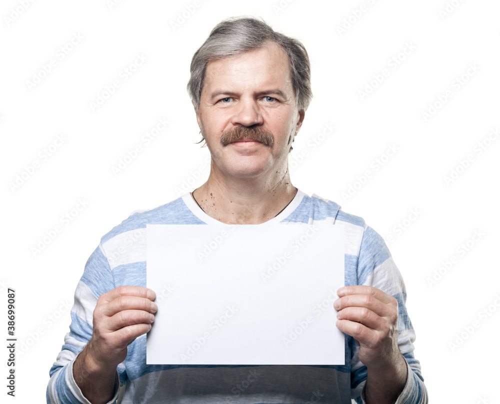 mature man holding a blank billboard isolated on white mature man holding a blank billboard isolated on white