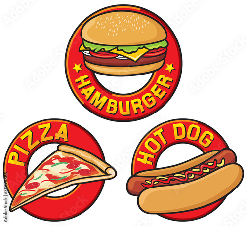hamburger label, pizza label, hot dog label. fast food symbols
