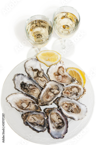 Oysters and white wine on white background