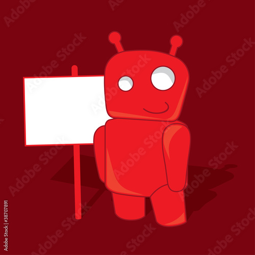 Smiling red robot toy with empty sign
