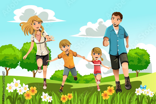 Family running in park