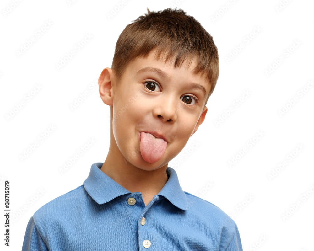Happy child put out his tongue isolated on white background Happy child put out his tongue isolated on white background