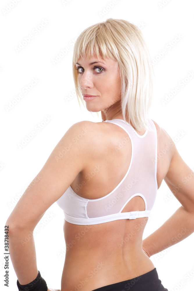 blond woman training fitness over white blond woman training fitness over white