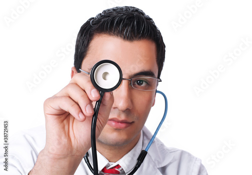 Doctor holding stethoscope,isolated on white background