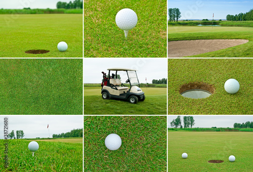 Golf set with balls, course and car.
