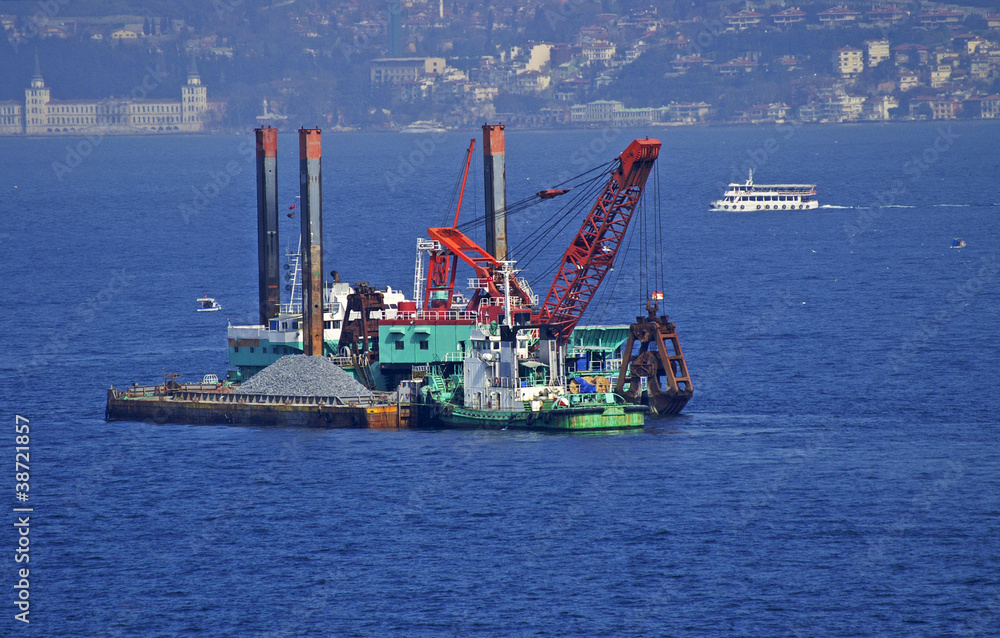 Floating dredging platform in Bosphorus, Istanbul