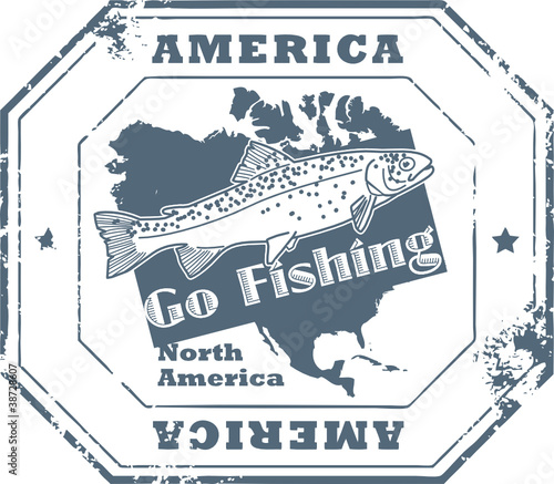 Stamp with fish shape and the text America, Go Fishing