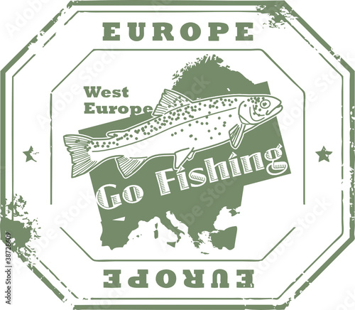 Stamp with fish shape and the text Europe, Go Fishing