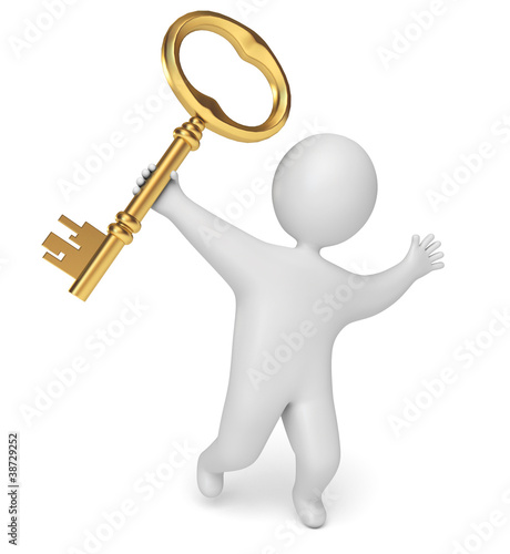 man holds the key in his hand, on a white background, 3d render
