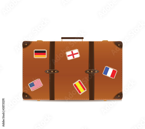 Suitcase Isolated on White with Traveling Flags