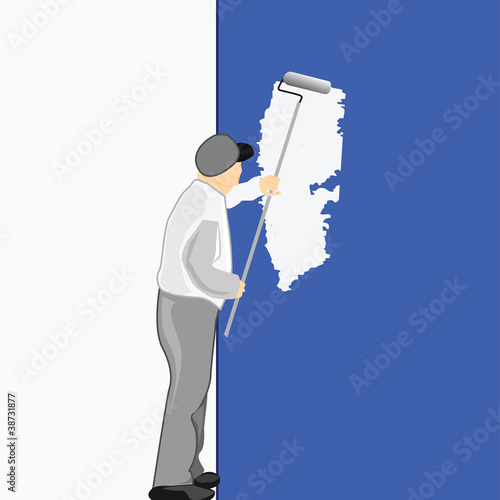 Man Painting a Blue Wall  Illustration