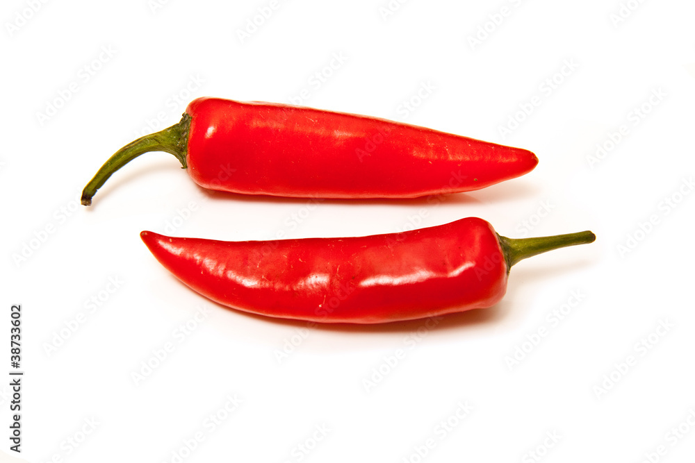 Red chilli peppers isolated on a white studio background.