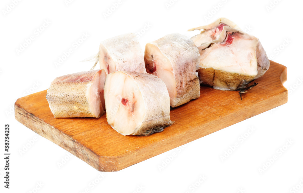 Fresh pollock slice isolated over white background Fresh pollock slice isolated over white background