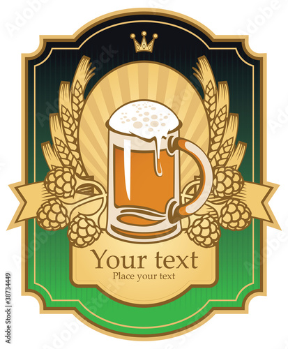 label with a beer glass, malt and wheat