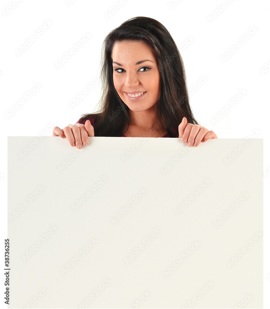 Young smiling woman holding a blank board isolated on white Young smiling woman holding a blank board isolated on white