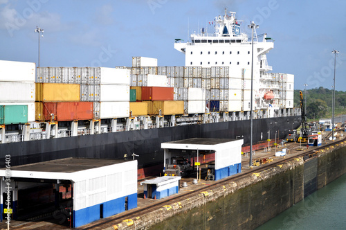 Container ship in the Panama canal photo