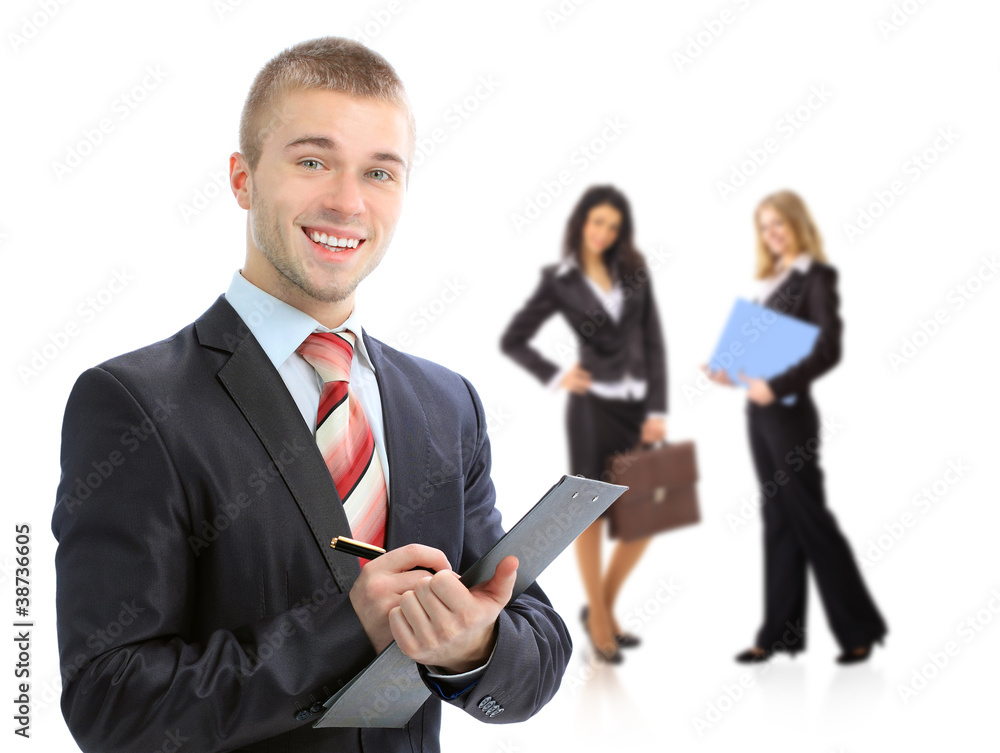 Leader and his team, Young attractive business people Leader and his team, Young attractive business people