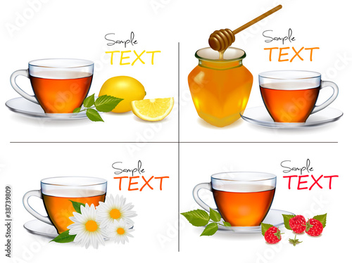 Set of backgrounds with Cups of tea. Vector