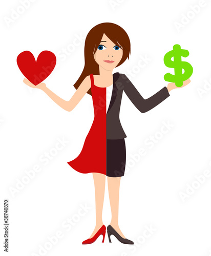 Young woman choosing between career and romance