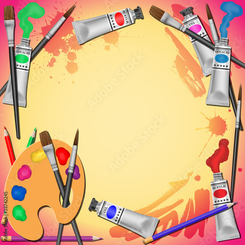 Vector Illustration with Paint Tubes, Brushes and Pencils