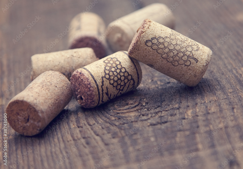 Wine corks on wooden table