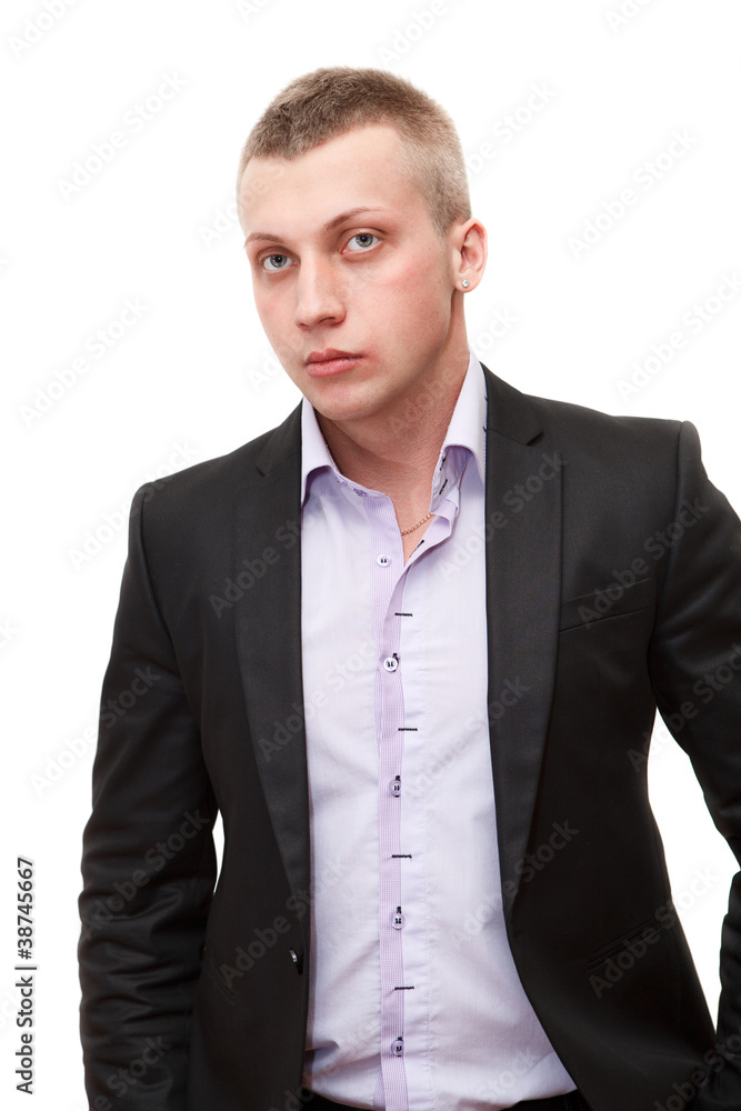Young confident business man standing on white background Young confident business man standing on white background