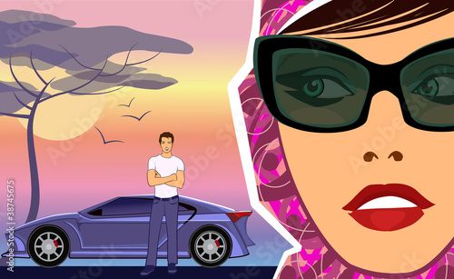 woman looking at a man with a sport car