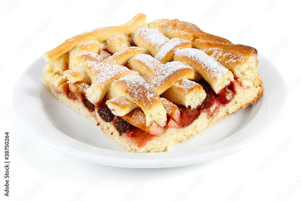 piece pie on plate isolated white background