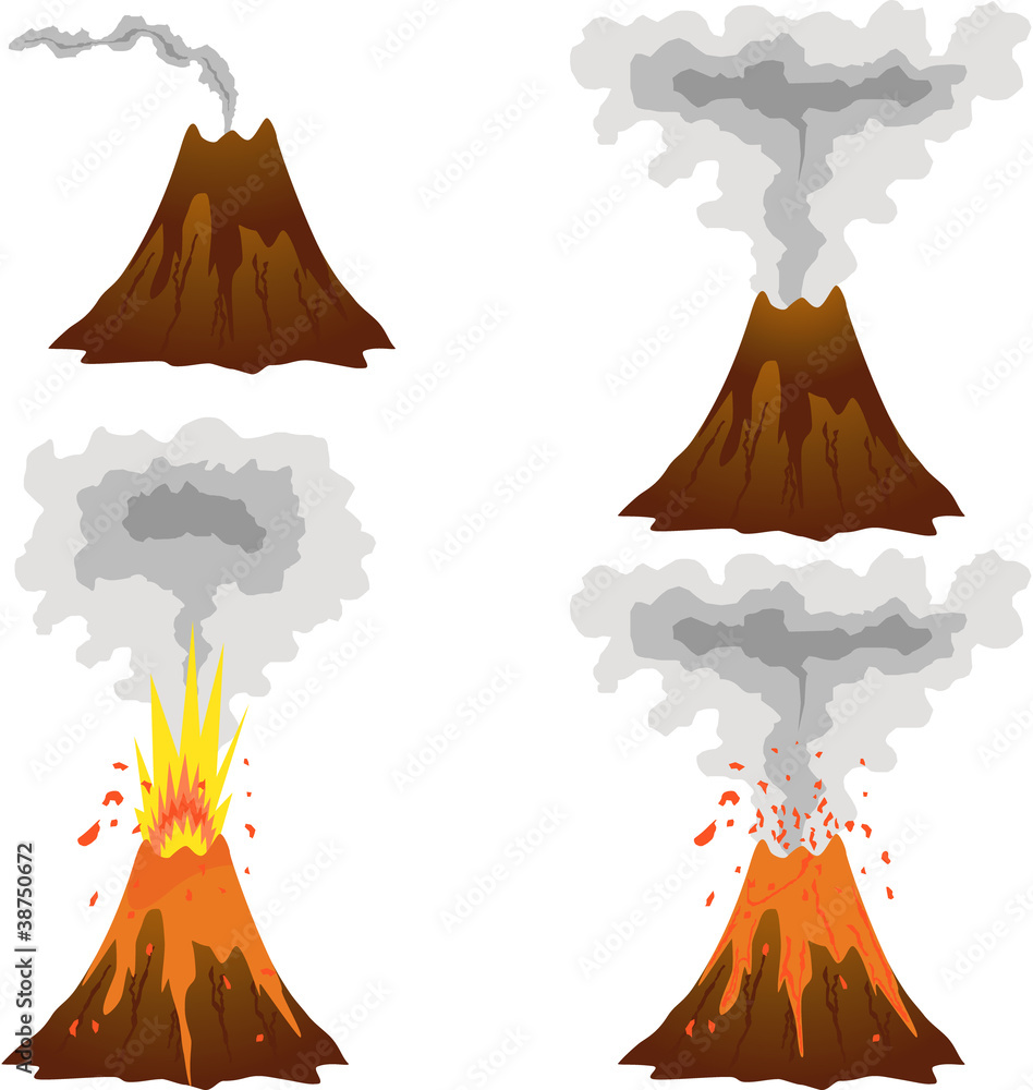 Different stages of volcano icon set on white - obrazy, fototapety, plakaty 