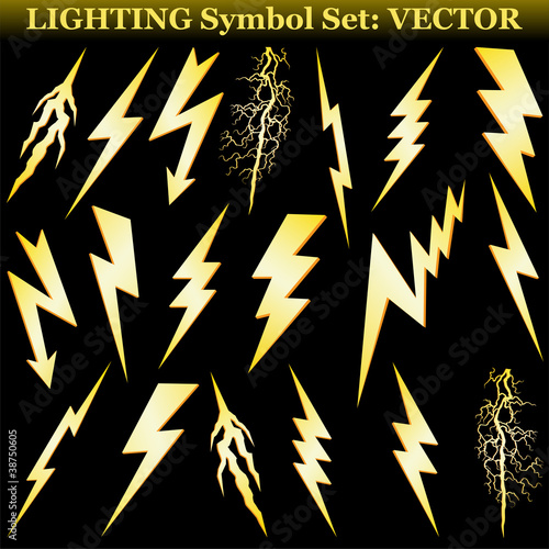 Gold lightning set isolated on black. Vector