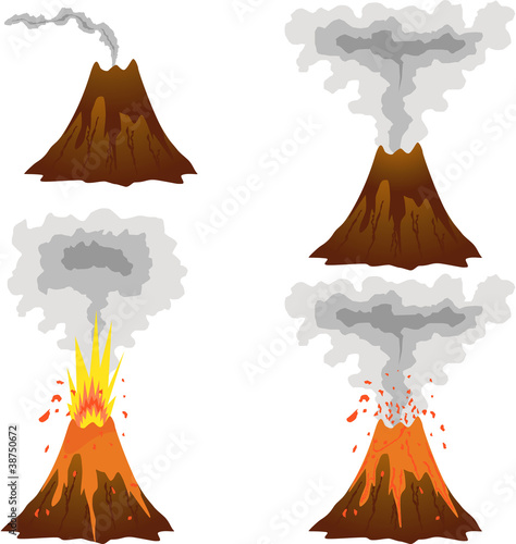 Different stages of volcano icon set on white