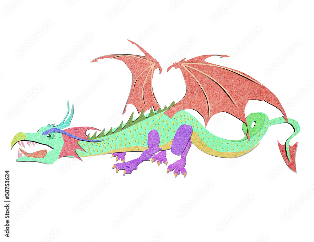 Fototapeta premium recycled paper craft stick dragon white background.