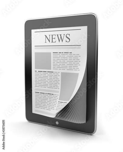 Newspaper on tablet pc. Mobile device 3D. Icon isolated on whit