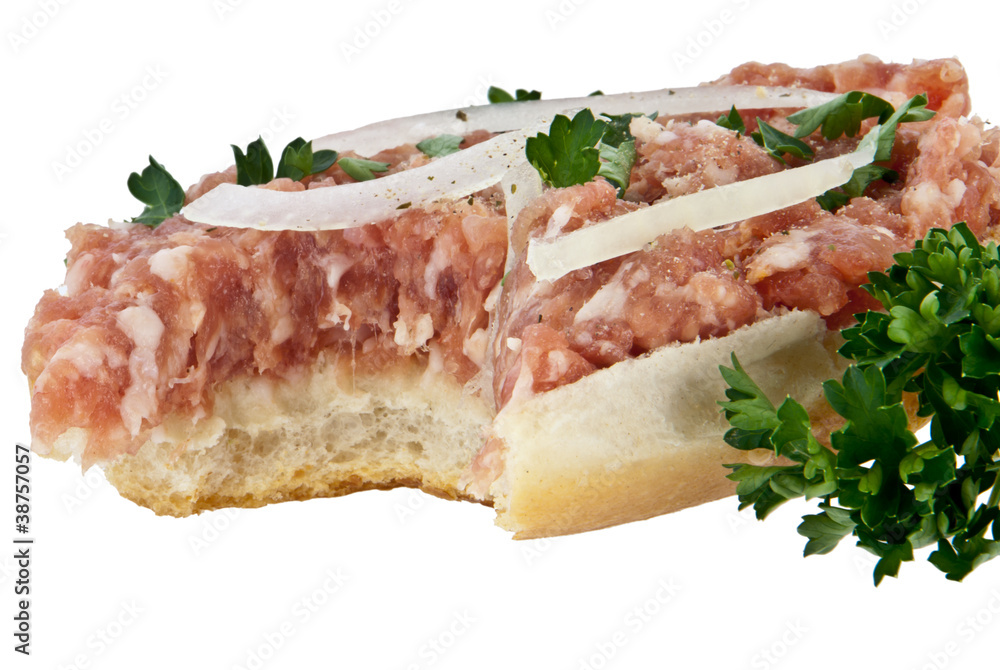 Bitten off halved roll with minced pork Bitten off halved roll with minced pork