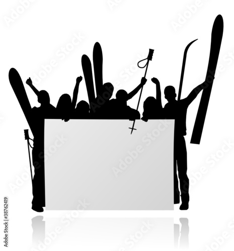 Personengruppe mit Plakat und Skiern