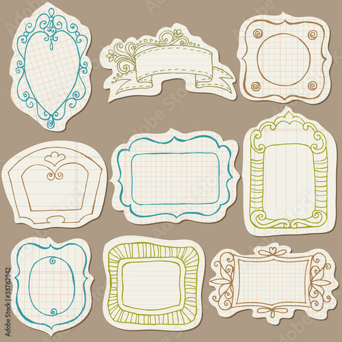 Set of Doodle Frames on torn paper - with Flower Elements in vec