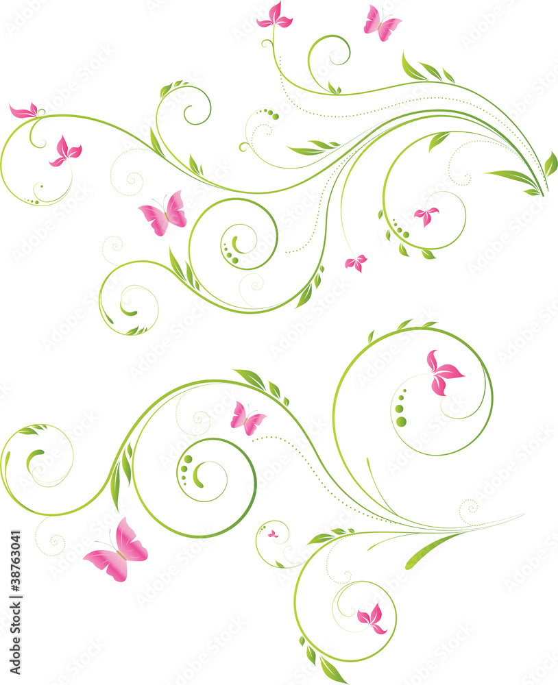 Floral designs with pink flowers and butterflies Floral designs with pink flowers and butterflies
