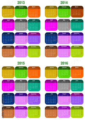 4 years 2013-2014-2015-2016 calendars of different colors